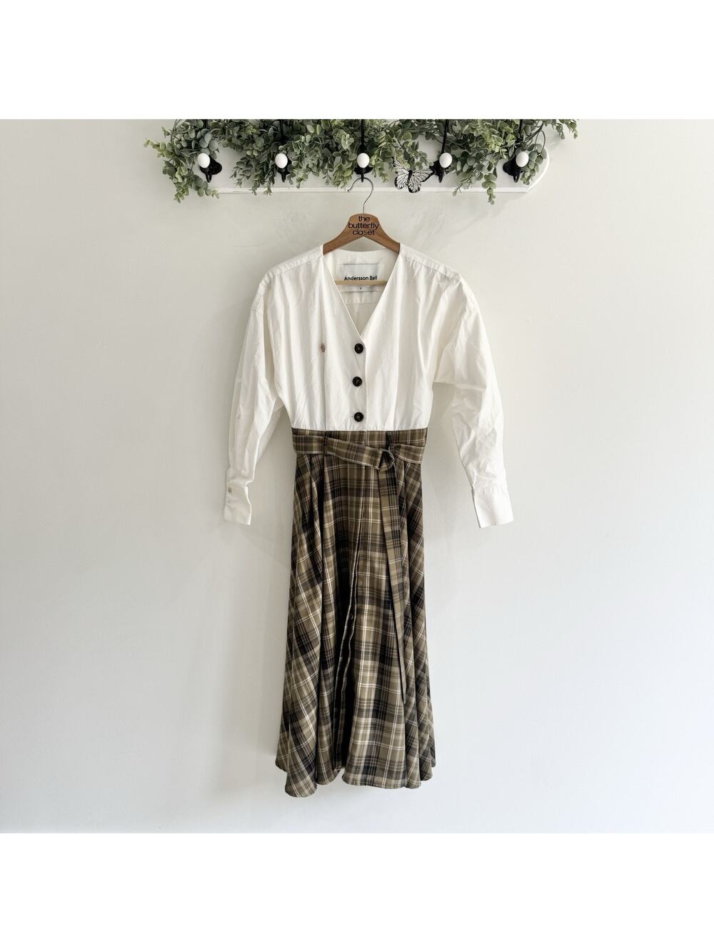 Andersson Bell Lena Illusion Dress Green Plaid Button Down Academia Small School